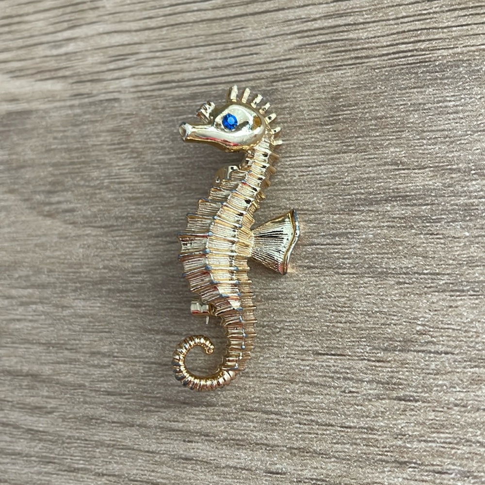 Vintage 60s Gold Blue Seahorse Brooch